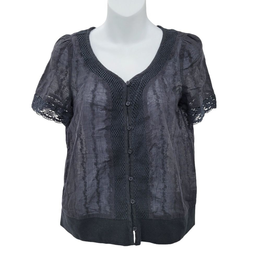 2/$20 Y2K Black See Through Buttons Down Top Blouse 100% Cotton Size: Small